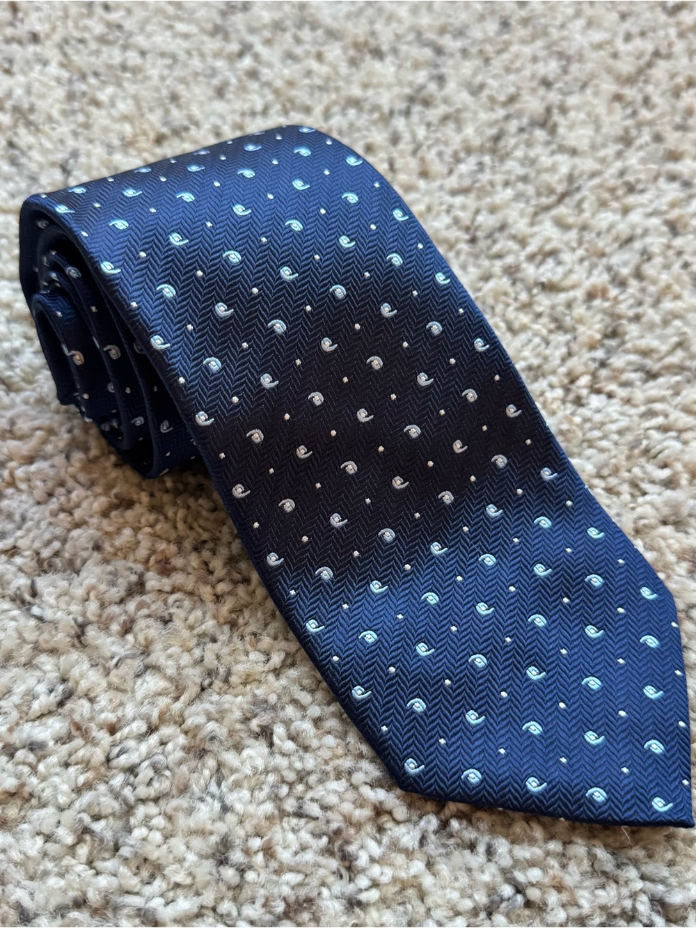 Robert Jensen Hand Sewn 100% Silk Tie Navy Blue Herringbone Dot Made in Italy